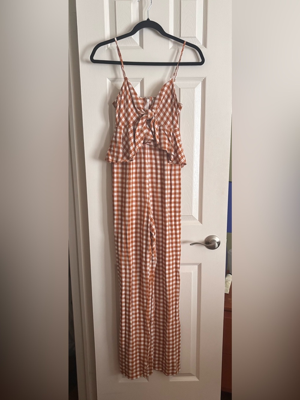 SAYLOR caramel & white Gingham Tie-Front Wide-Leg Jumpsuit